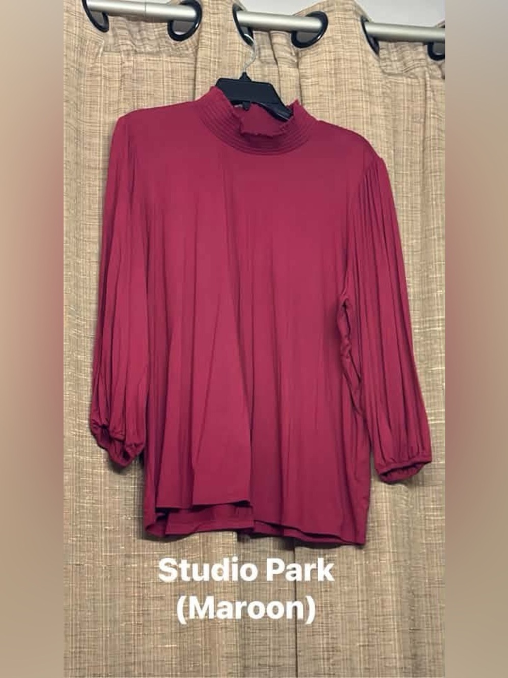Studio Maroon Long Sleeve Pleated Mock Neck Top
